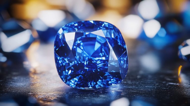 A sparkling cushion-cut blue sapphire gemstone with intricate faceting, reflecting light beautifully against a blurred background.