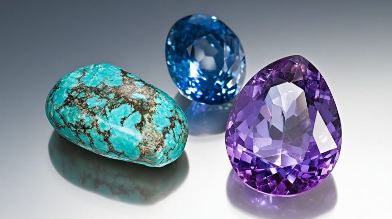 A trio of December birthstones featuring turquoise with a matrix pattern, blue tanzanite, and a purple zircon, showcasing their unique colors and properties.