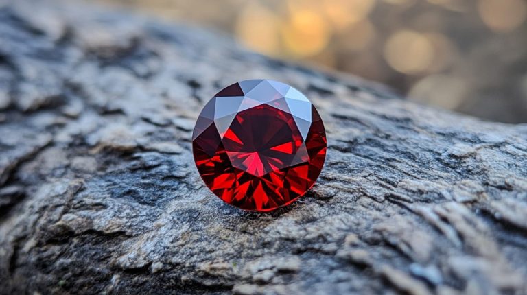 Deep red pyrope garnet placed on a textured wooden surface, highlighting its rich color and intricate cut.