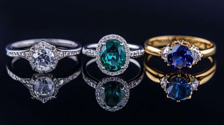 A display of engagement rings featuring a diamond, an emerald, and a sapphire, showing alternative gemstone options.
