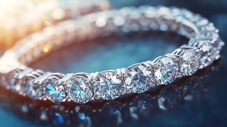 Close-up of a diamond tennis bracelet with sparkling gemstones, highlighting its luxury appeal.