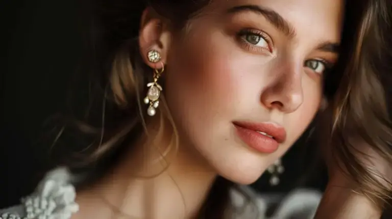 Close-up of a woman wearing elegant earrings, highlighting a healed ear piercing suitable for jewelry changes.