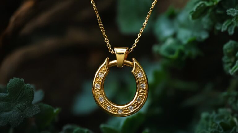 Elegant gold horseshoe necklace adorned with diamonds, symbolizing good luck and fortune, set against a nature-inspired background.