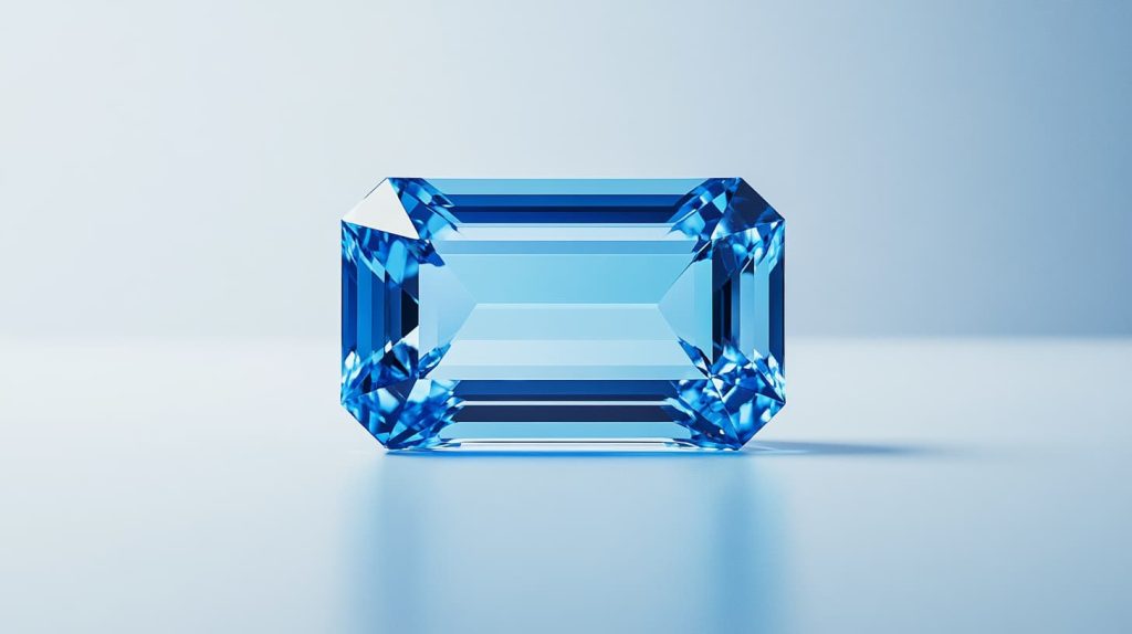 An emerald-cut blue topaz gemstone with brilliant clarity and deep blue hues, showcasing its refined beauty as a November birthstone.