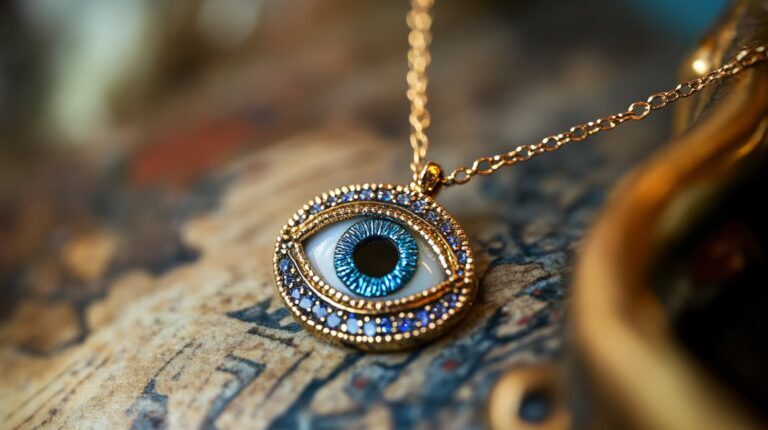 Evil eye pendant necklace with blue gemstone accents, symbolizing protection, set in a detailed gold design.