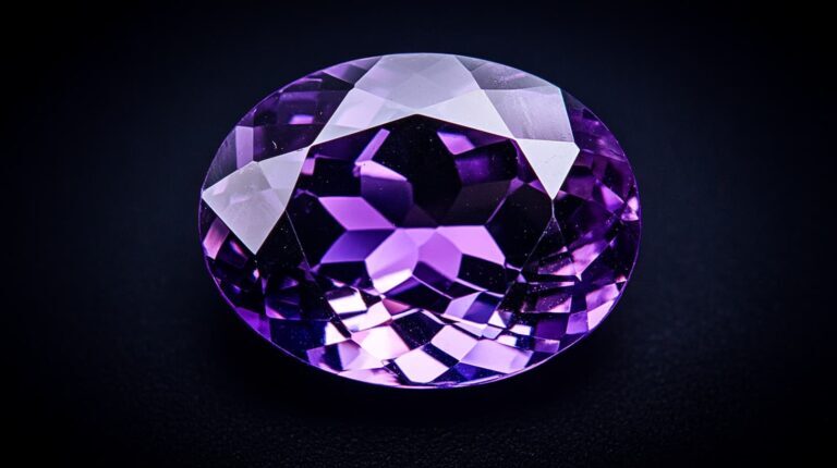 A beautifully faceted oval-cut amethyst gemstone with rich purple tones, displayed on a dark background.