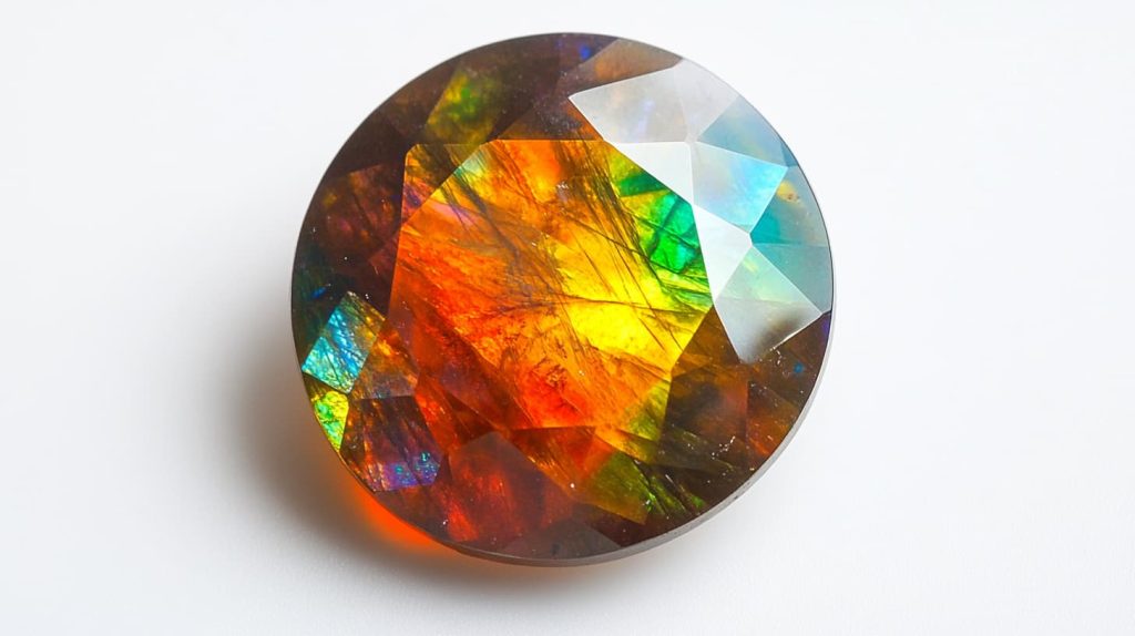 A faceted ammolite gemstone displaying vivid rainbow colors, with a polished finish highlighting its unique patterns and brilliance.