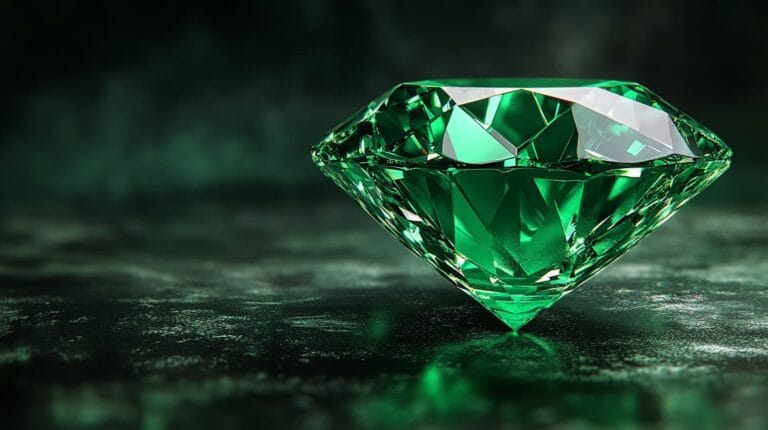 Close-up of a faceted emerald gemstone with radiant green color and precise cuts, reflecting light beautifully on a dark background.