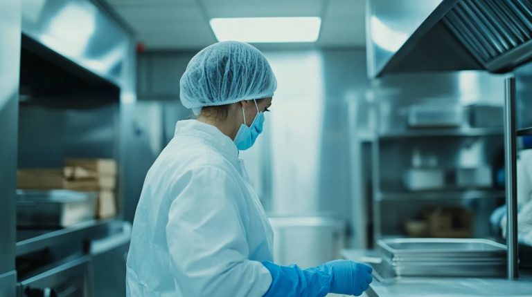 Food handler wearing a hairnet, gloves, and mask in a professional kitchen, emphasizing hygiene and safety compliance in food preparation.