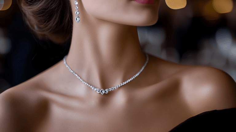 Woman wearing a diamond necklace and matching earrings set with an elegant updo, an ideal jewelry choice for creating a cohesive look at a black tie event.
