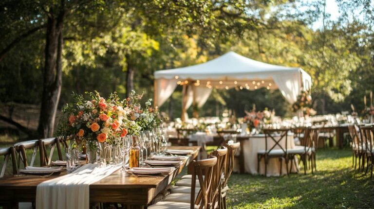 Garden wedding venue with wooden tables, floral arrangements, and outdoor lighting.