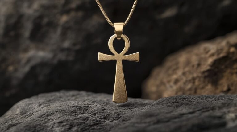 Gold Ankh pendant necklace, a powerful symbol of spirituality and eternal life in ancient Egyptian culture.