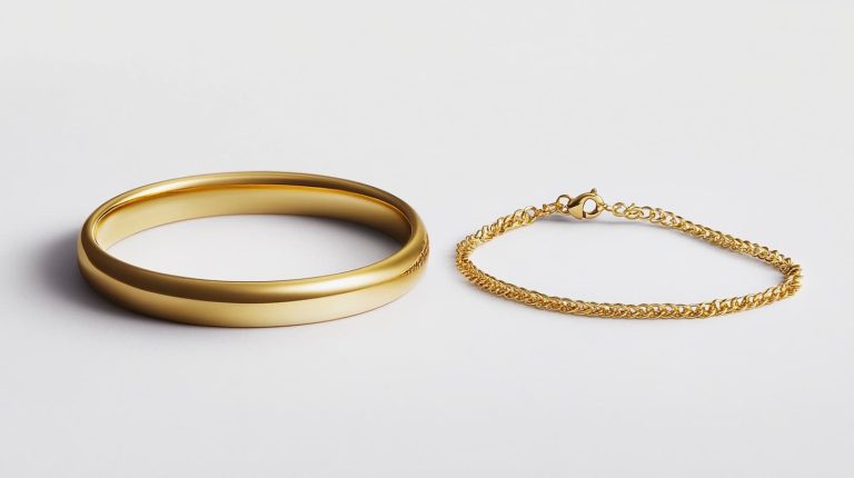 Side-by-side comparison of a gold bangle and a chain bracelet on a white background.