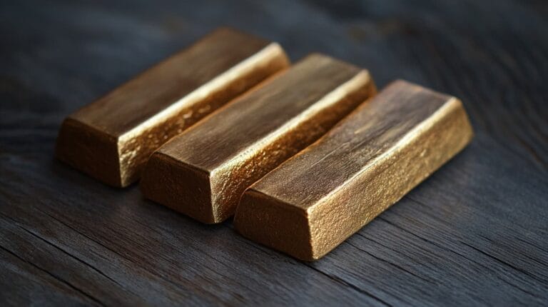 Close-up of three gold bars on a dark wooden surface, representing gold's role as a stable store of value and symbol of wealth.