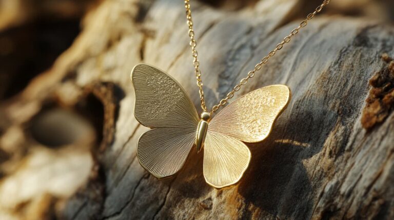 Close-up of a gold butterfly pendant necklace resting on a wooden surface, symbolizing transformation and beauty.