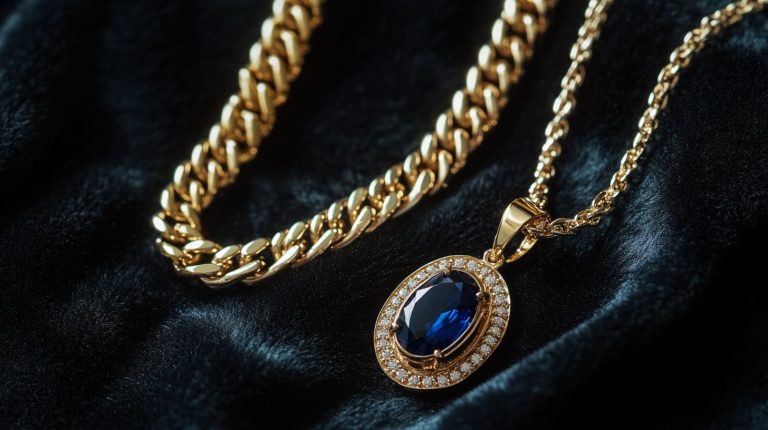 A gold chain paired with an oval blue gemstone pendant surrounded by diamonds, placed on luxurious black fabric.