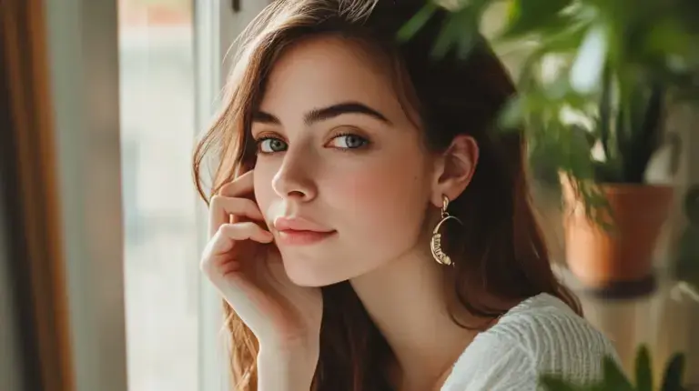 Woman with a cool skin tone wearing gold crescent-shaped earrings.