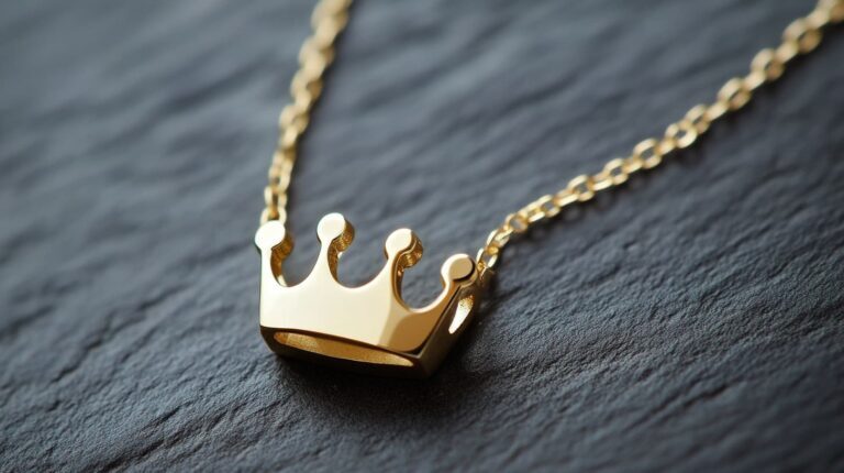 Gold crown pendant necklace on a chain, featuring a modern minimalist design.