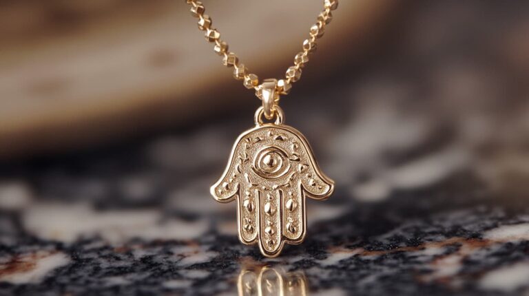 Gold Hamsa Hand necklace with an eye design, representing protection against negative energy.