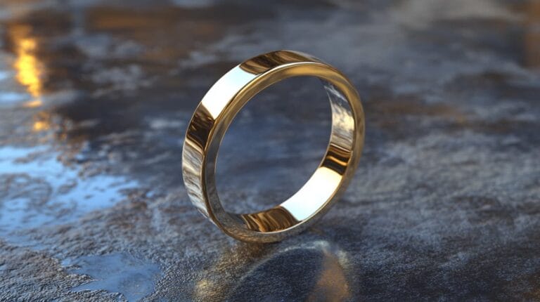 Close-up of a gold-plated ring on a reflective surface, showcasing its polished finish and luxurious appearance as an affordable alternative to solid gold.