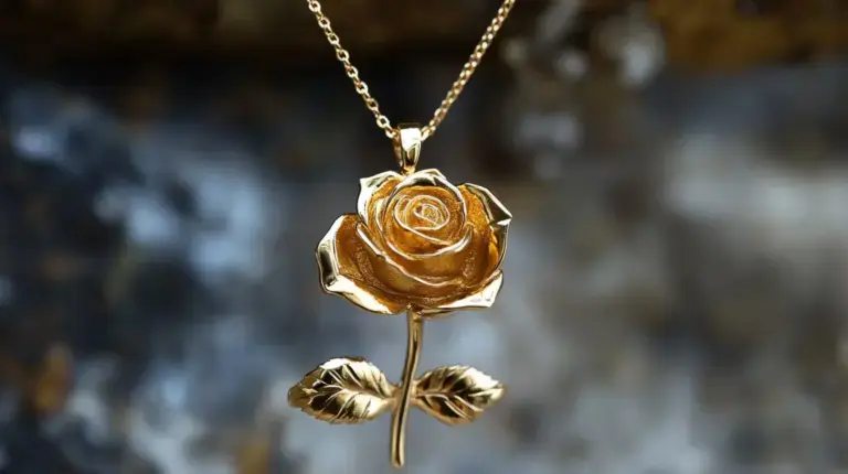Gold rose pendant necklace featuring a detailed floral design with a delicate stem and leaves, symbolizing love and beauty in jewelry.
