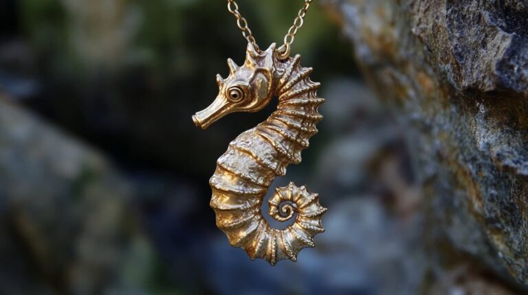 Gold seahorse necklace hanging against a natural outdoor setting, showcasing its detailed craftsmanship and symbolism of good luck.