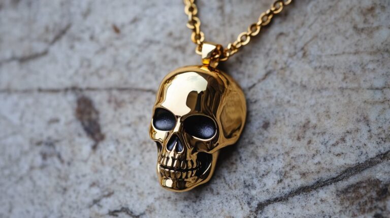 Close-up of a gold skull pendant necklace, symbolizing bold fashion and the rich symbolism associated with skull jewelry.