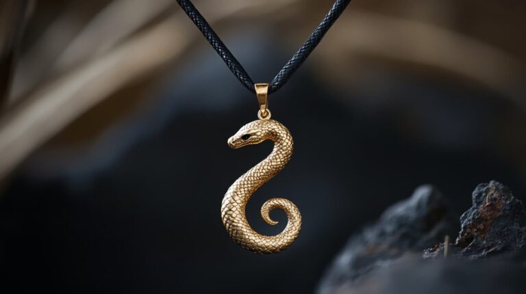 Gold snake pendant necklace on a black cord, featuring a coiled snake design against a dark background.