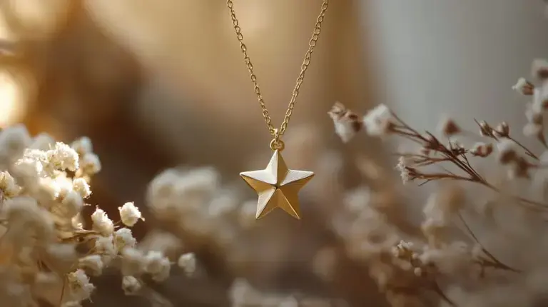 Gold star pendant necklace, reflecting celestial inspiration and the timeless symbolism of stars in jewelry.