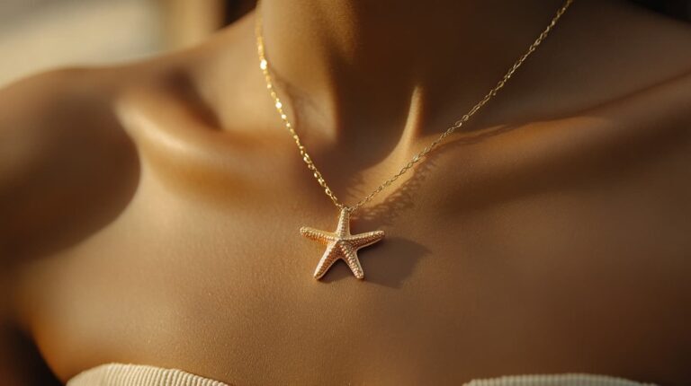 Gold starfish pendant necklace on woman’s neck, symbolizing ocean and nature connection