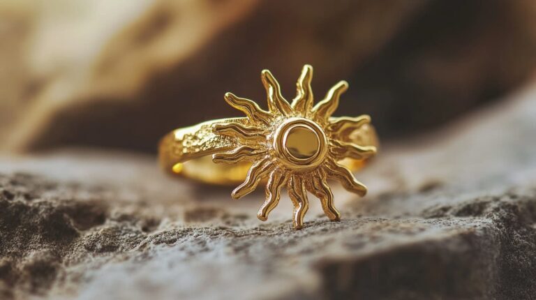 Gold sun-themed ring with radiant sun rays and a polished central design, showcasing intricate craftsmanship.