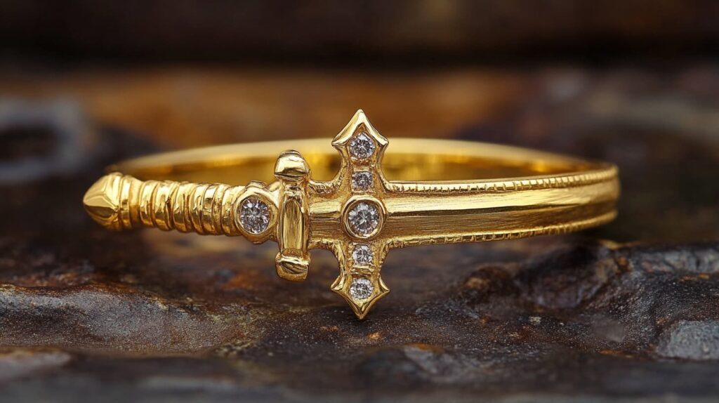 Gold sword ring adorned with diamonds, symbolizing personal strength, justice, and commitment.