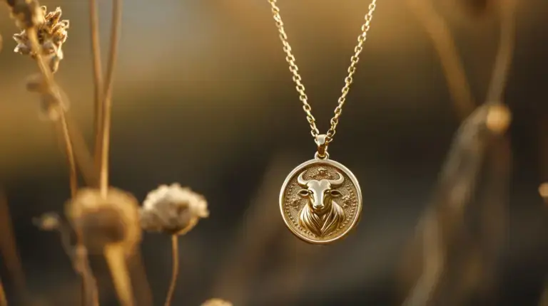 Gold pendant necklace featuring a bull symbol, ideal for expressing the Taurus zodiac sign and its attributes of strength and stability.