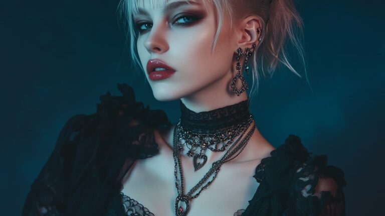 Gothic fashion portrait featuring a woman wearing a black lace choker with layered chains and chandelier earrings, showcasing intricate Gothic jewelry design.