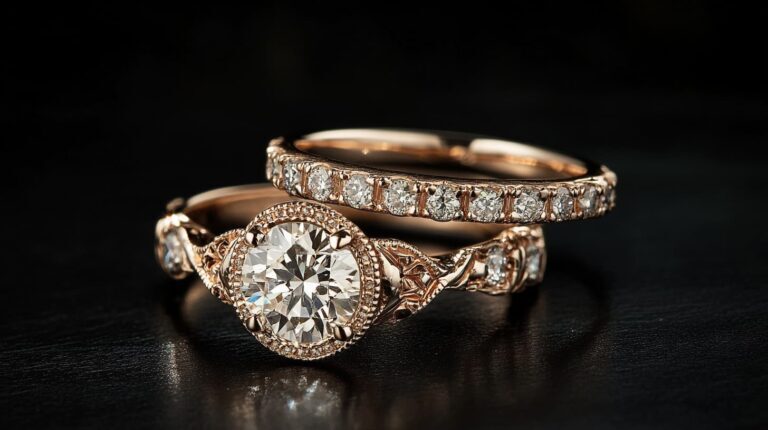 Vintage-inspired halo engagement ring paired with a diamond wedding band, featuring intricate rose gold detailing and brilliant diamonds.