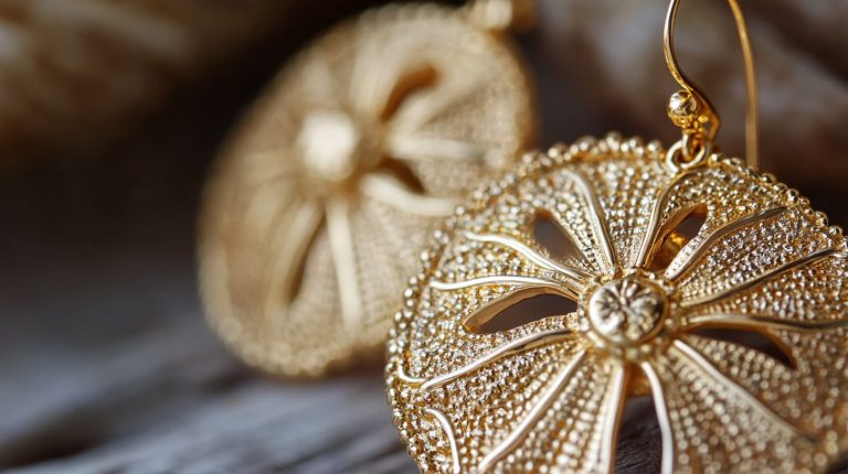 Close-up of gold sand dollar earrings with intricate detailing, showcasing a luxurious and ocean-inspired design.
