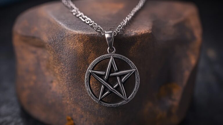Close-up of an intricate silver pentagram necklace on a textured stone background, showcasing its detailed craftsmanship and symbolism in jewelry.