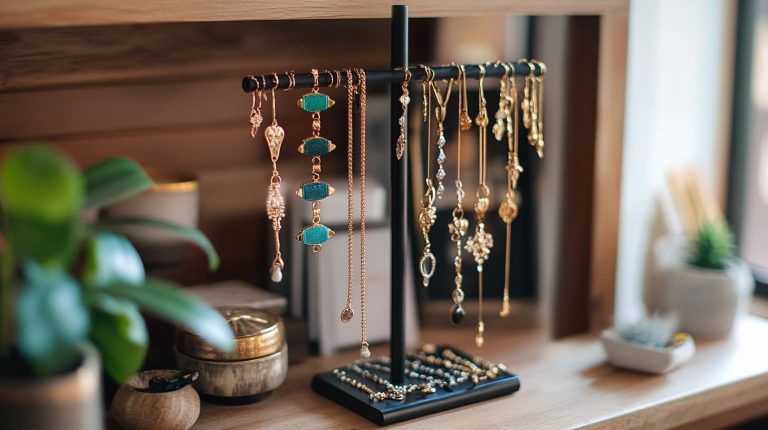 A jewelry stand displaying neatly hanging necklaces of various designs, an organized solution to prevent tangles.
