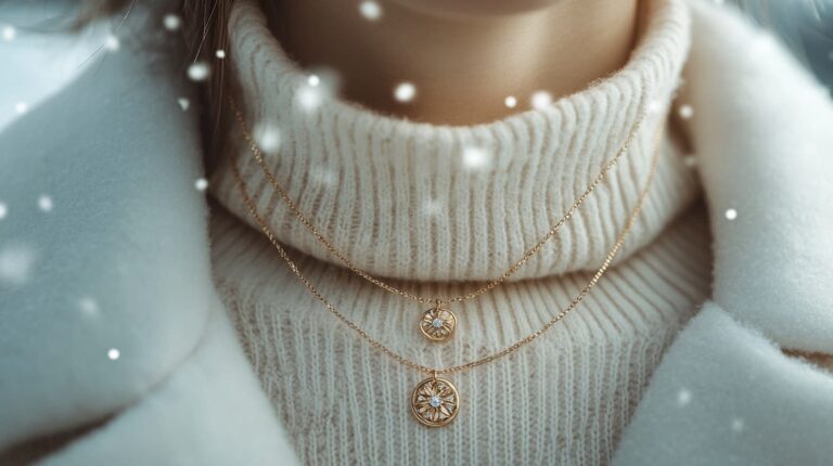 Stylish layered gold necklaces with delicate pendants worn over a cream turtleneck sweater, creating a chic winter jewelry look.