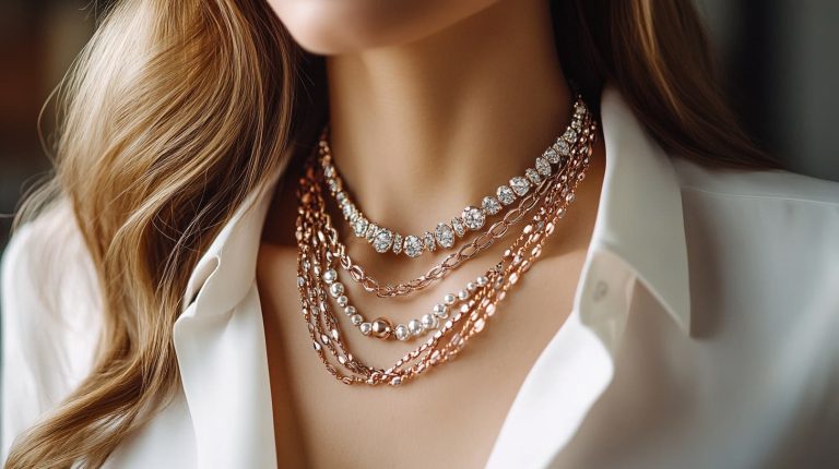 Layered statement necklace featuring rose gold chains, pearls, and diamond embellishments, styled with a white blouse.