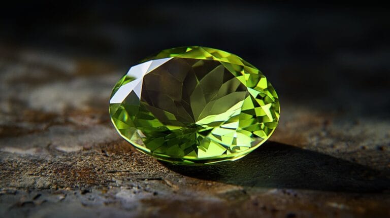 Loose faceted peridot gemstone with vivid green tones, highlighting the distinct color of August's birthstone.