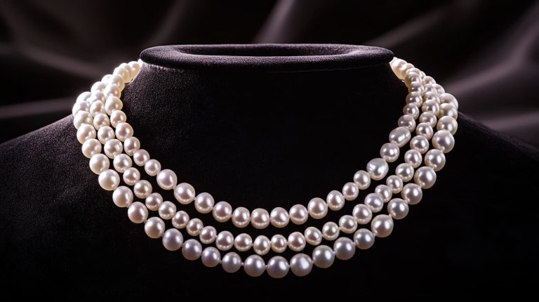Triple-strand pearl necklace elegantly displayed on a black velvet stand, featuring graduated pearls with exceptional luster.