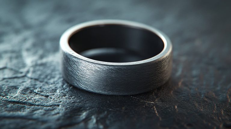 Close-up of a matte grey gold ring with a brushed texture, highlighting its modern and minimalist design on a textured background.