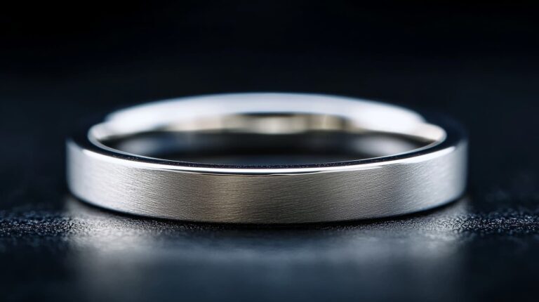 Minimalist men's white gold wedding band with a brushed finish, highlighting its sleek and modern design against a dark textured background.