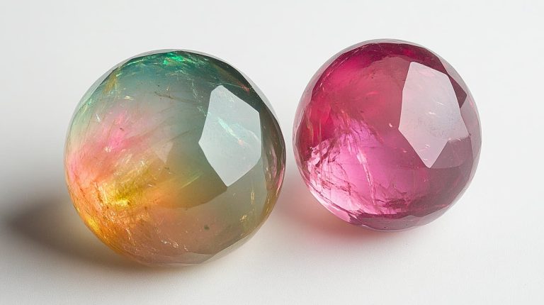A side-by-side view of an opal with radiant play-of-color and a pink tourmaline, representing October's dual birthstones in vibrant detail.