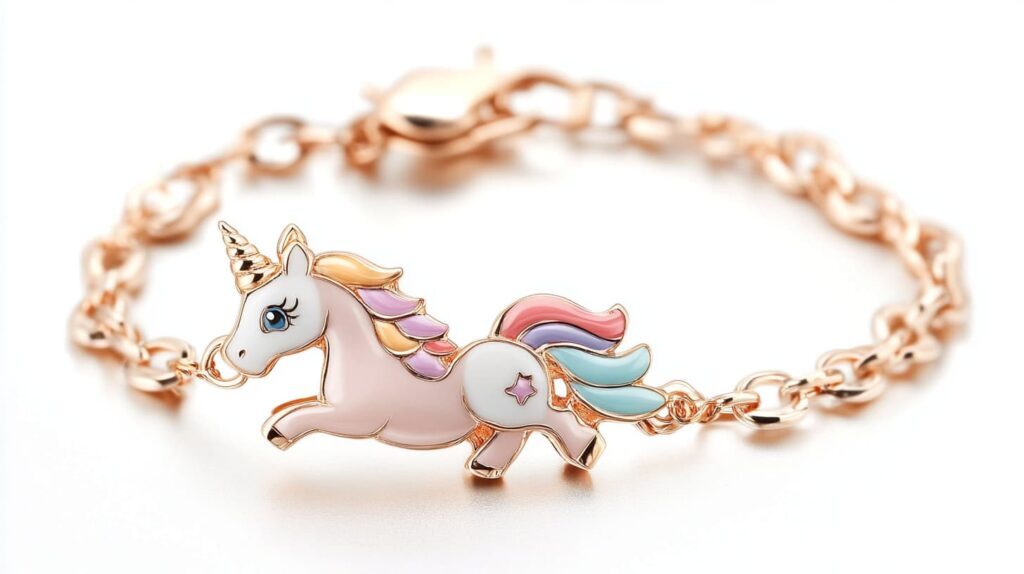 A rose gold unicorn charm bracelet featuring a playful unicorn design with pastel colors and a star accent.
