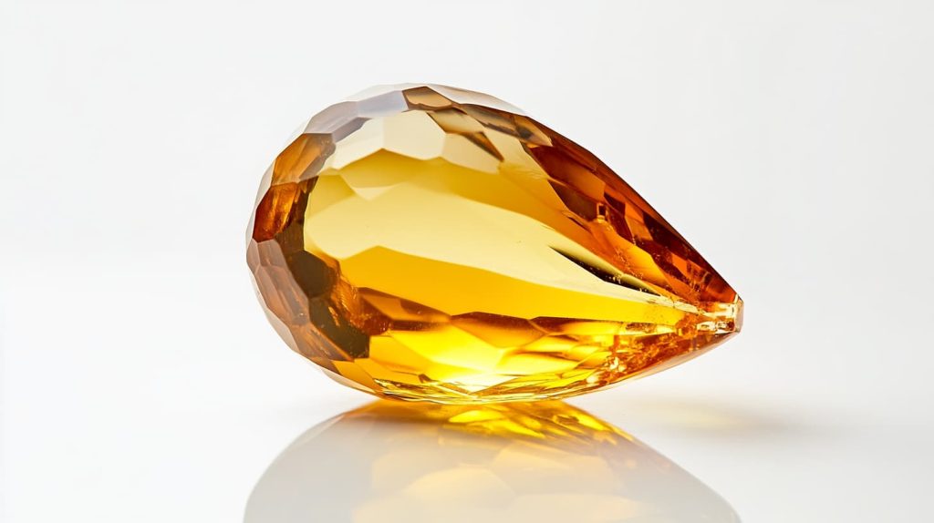 A pear-shaped citrine gemstone with a vivid golden-yellow color, representing November's warm and inviting birthstone.