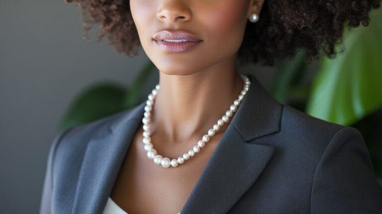 Elegant pearl necklace styled with a business suit, offering a classic and professional appearance.