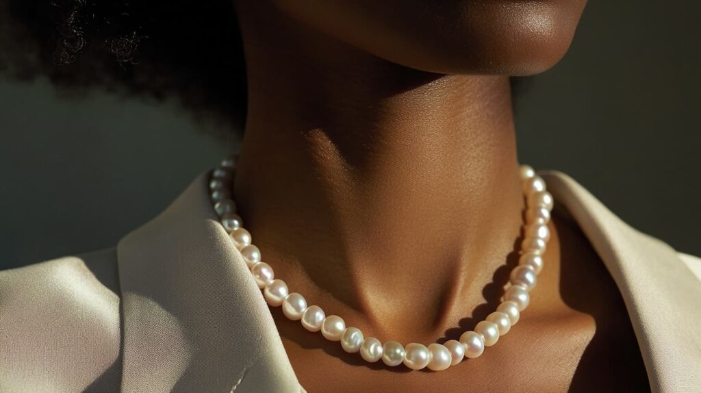 Elegant pearl necklace worn with professional attire, adding sophistication and confidence to workwear.