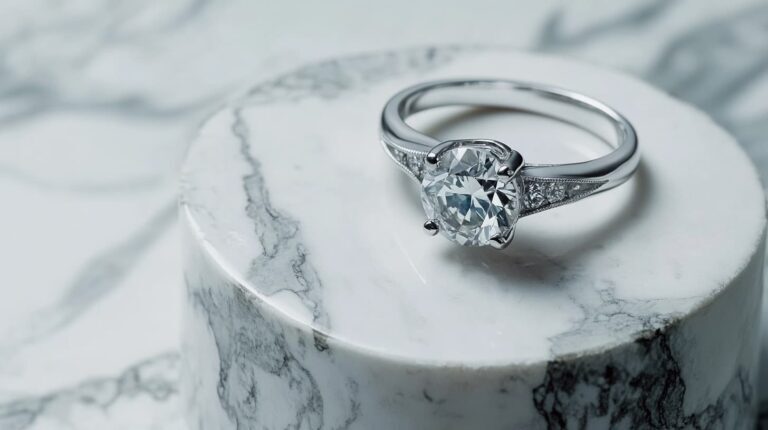 Platinum engagement ring featuring a round-cut solitaire diamond set on a marble surface, emphasizing luxury and durability.